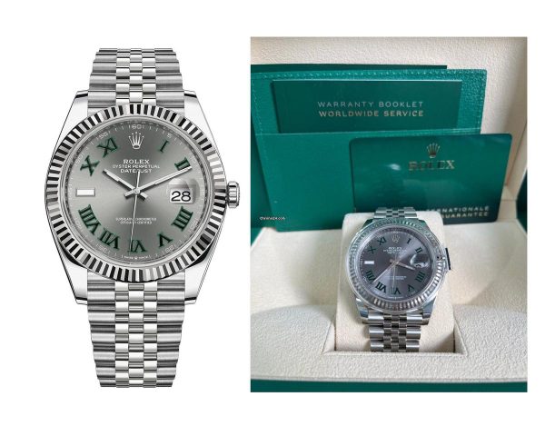 Rolex Datejust 41 18k White Gold & Steel Grey Slate Wimbledon Green Roman