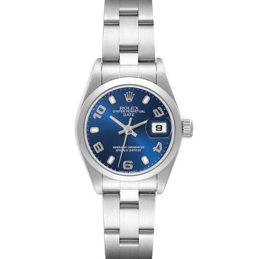 Rolex Date 26 Blue Arabic Dial Smooth Bezel Steel Ladies Watch 79160