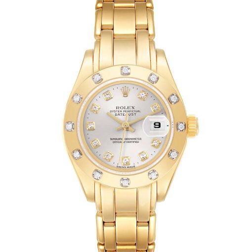 Rolex Pearlmaster Yellow Gold Silver Diamond Ladies Watch 69318